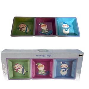 New Christmas Winter Snow Girl Snow Boy Santa Divided Ceramic Serving Dish Boxed